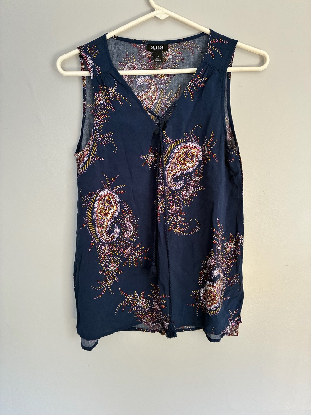 a.n.a Navy Paisley Tassel V-Neck Sleeveless Top